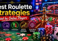 Online roulette table showing chips, roulette wheel, and popular betting strategies used by casino players.