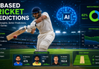 AI analyzing cricket match statistics and player performance during a live cricket game with digital data graphics.