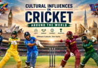 Cricket players from different countries competing on a cricket field, representing the cultural diversity and global influence of cricket around the world.