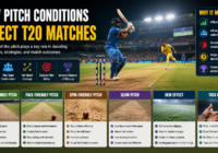 Cricketers competing in a T20 match on a pitch that influences batting, bowling, scoring patterns, and overall match strategy.