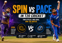 Spin bowler and fast bowler competing in a T20 cricket match, showcasing the battle between spin and pace bowling strategies.