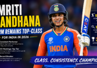 Smriti Mandhana batting for India during a Women's T20 World Cup 2026 match showcasing her top-class form and consistency.