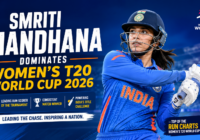 Smriti Mandhana playing an attacking shot for India during the Women's T20 World Cup 2026 while leading the tournament run charts