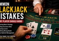 Player making strategic decisions at a blackjack table while avoiding common blackjack mistakes with cards, chips, and dealer vi