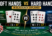 Blackjack table showing examples of soft hands and hard hands with playing cards and casino chips for strategy comparison