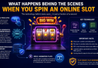 Illustration showing the behind-the-scenes technology of an online slot spin, including RNG software, game servers, secure data processing, and digital reels.