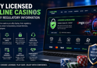 Licensed online casino website displaying regulatory information, gaming license badge, secure payment icons, responsible gambling symbols, and player protection features on a modern digital interface.