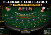 Blackjack table layout showing player betting spots, dealer area, insurance section, and side bet positions for beginners.