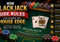 Blackjack table showing cards and chips with rules that can affect the house edge