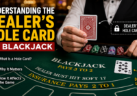 Dealer holding a hidden hole card while playing blackjack at a casino table