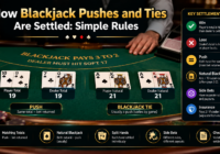 Blackjack push and tie settlement showing matching player and dealer totals, cards, chips, and blackjack table rules