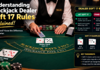 Blackjack dealer soft 17 rules showing Ace-6 hand, dealer hit or stand options, blackjack table, cards, chips, and rule display